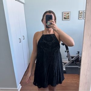 NWOT Francesca’s black burnout velvet pattern high neck swing dress